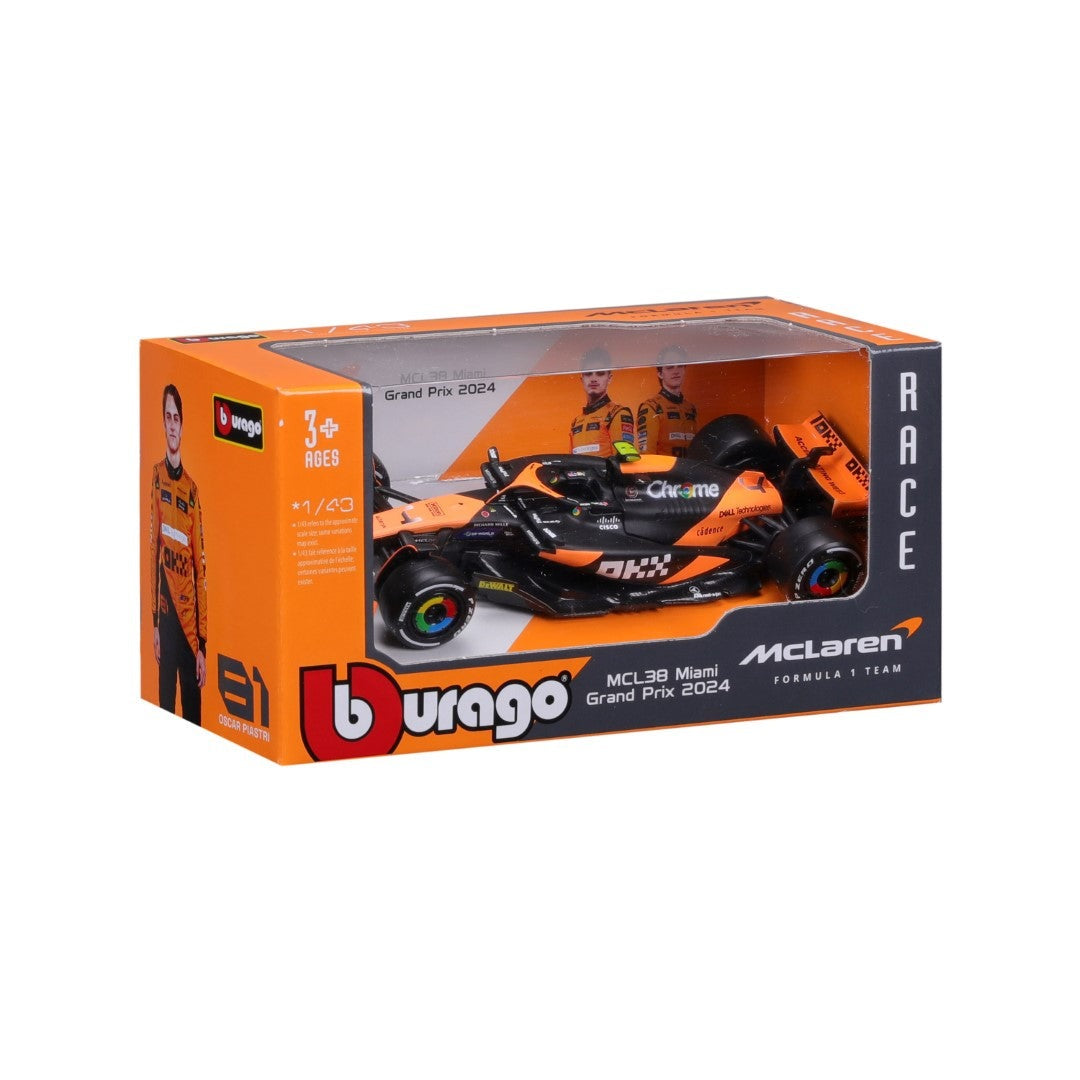 Bburago McLaren F1 MCL38 #4 Lando Norris Miami GP – 1:43 Scale Official Licensed Model (with Display Case & Stand) 18-38214N Bburago