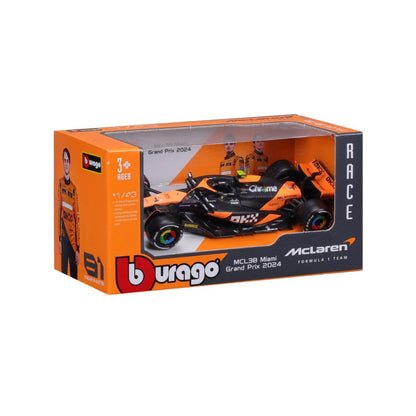 Bburago McLaren F1 MCL38 #4 Lando Norris Miami GP – 1:43 Scale Official Licensed Model (with Display Case & Stand) 18-38214N Bburago